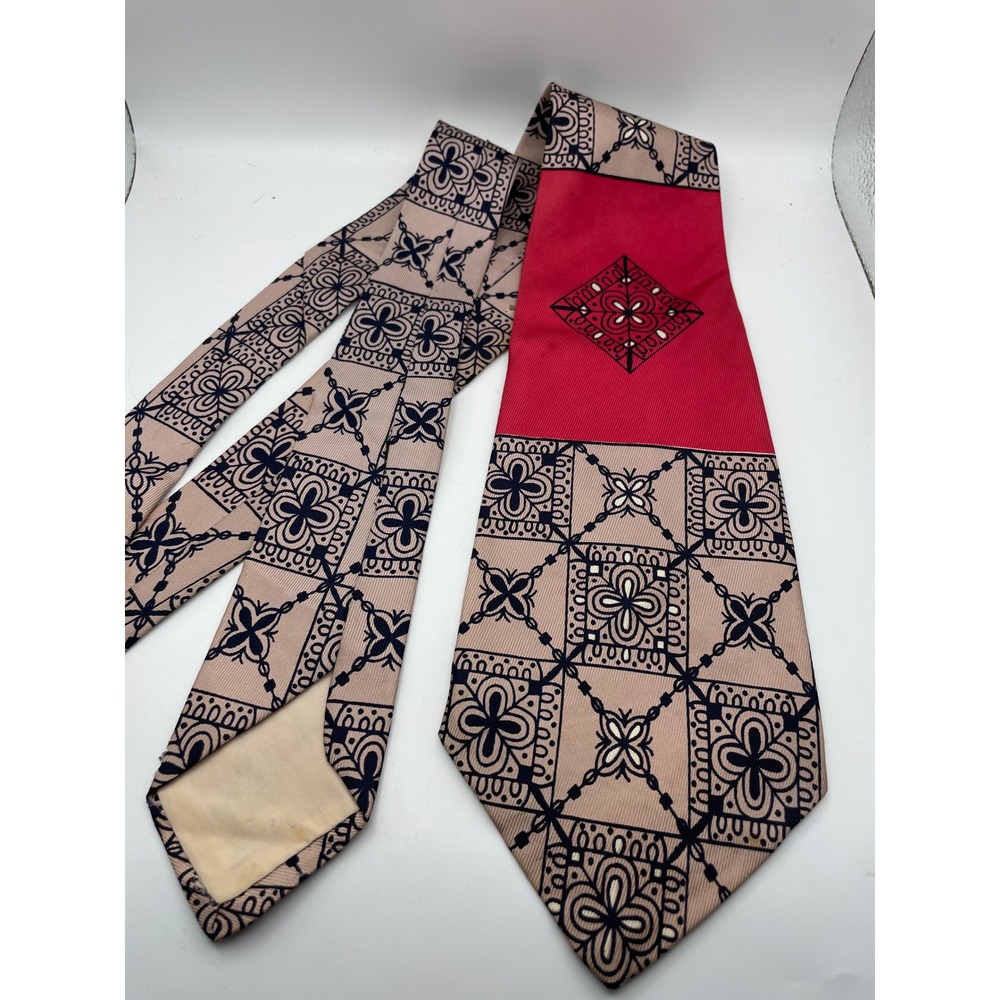 Vintage Haband Geometric Tile Pattern Red Tan Navy Blue Wide Blade Necktie